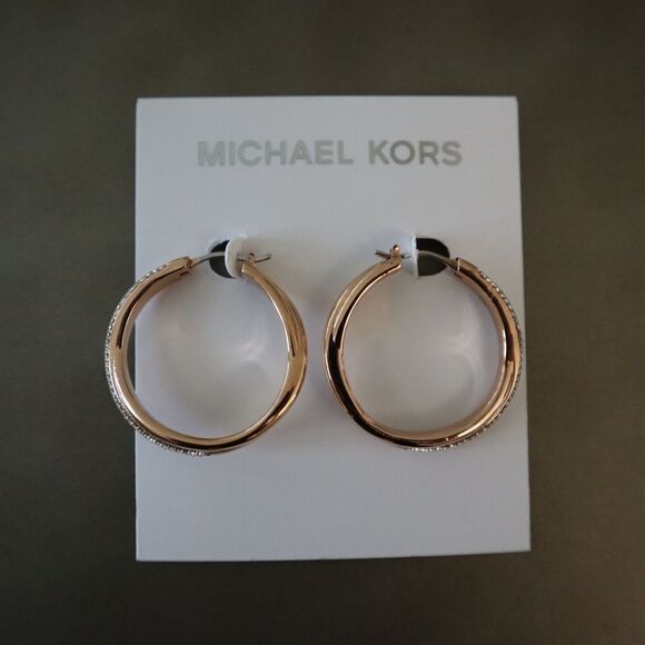 Michael Kors MKJ3671791 Rose Gold-Tone Pavé Crossover Hoop Earrings - Picture 1 of 10